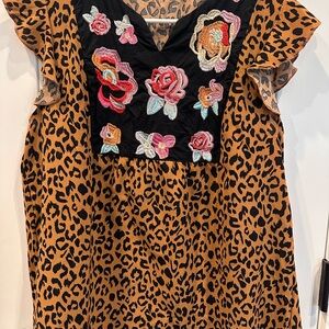 Leopard Print Blouse with Floral Embroidery